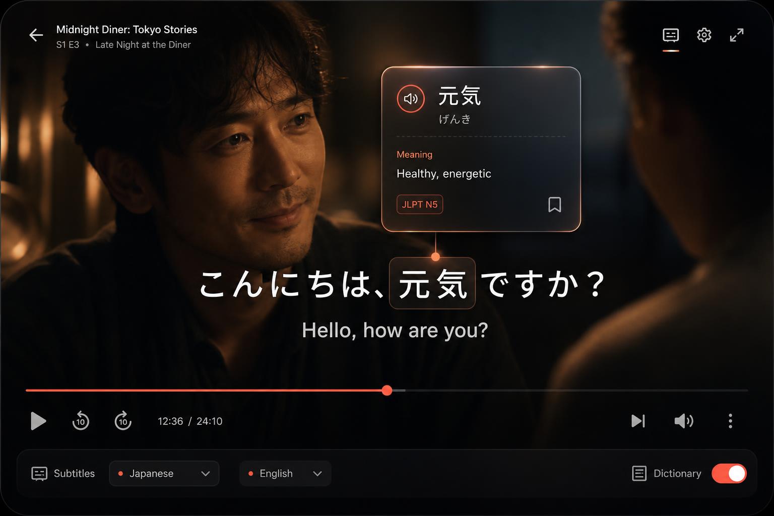 Dual Subs extension showing Japanese and English subtitles with dictionary popup